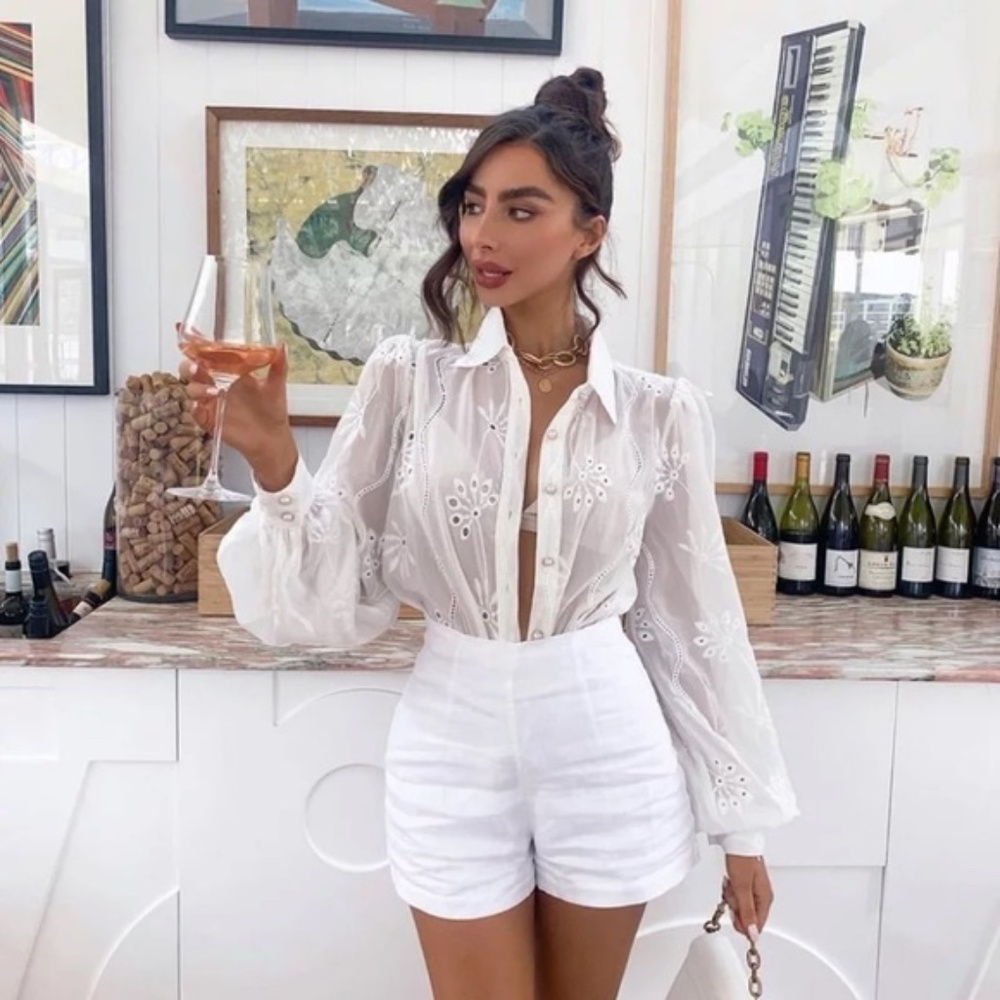 SOLD OUT White Boho Floral Eyelet Button Up Blouse - Picture 7 of 15